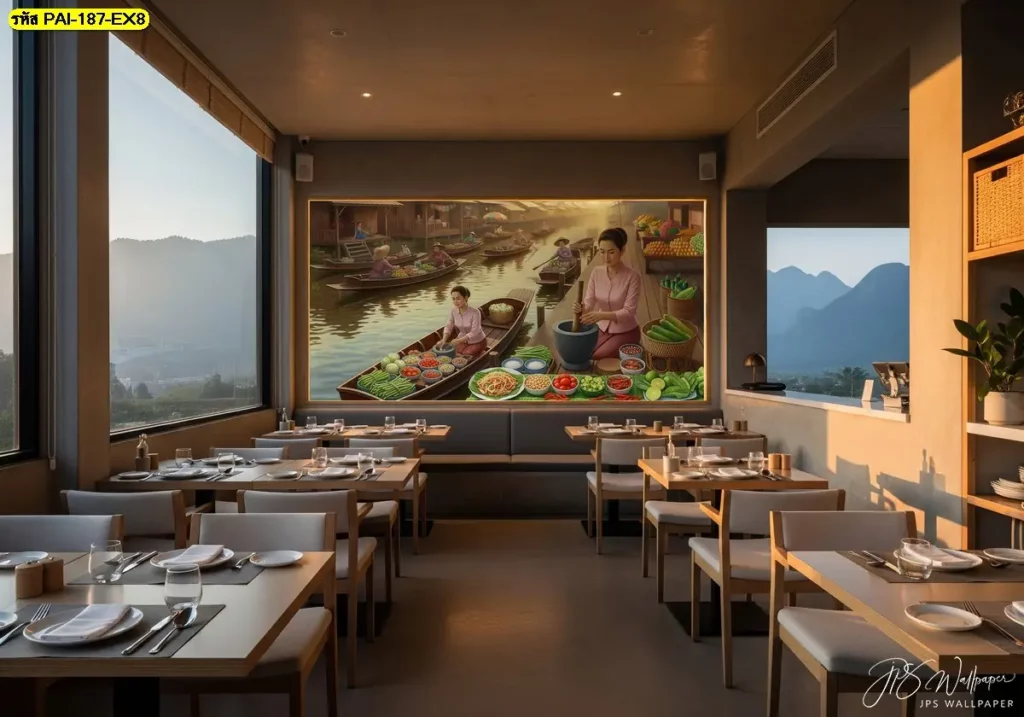 วอลเปเปอร์ร้านอาหารอีสาน ดีไซน์ร่วมสมัย เหมาะสำหรับร้านเปิดใหม่ ผลิตโดย Murallbkk ร้านผลิตวอลเปเปอร์ จำหน่ายวอลเปเปอร์ พร้อมติดตั้งครบวงจรคุณภาพสูง