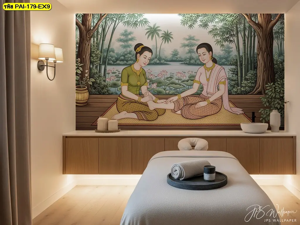 รูปภาพแต่งร้านนวดสปา ลายบัวหลวงและภาพหญิงไทยโบราณ สำหรับสร้างความผ่อนคลายในห้องสปาชั้นนำจาก Murallbkk