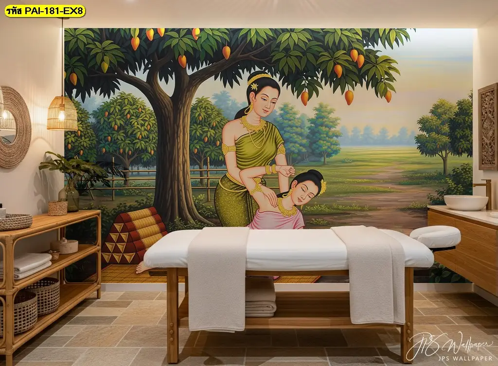 วอลเปอร์ตกแต่งร้านนวด ลวดลายศิลปะไทยกับธรรมชาติ เหมาะสำหรับร้านนวดไทยและร้านสปา ผลิตโดยร้านขายวอลเปเปอร์ Murallbkk