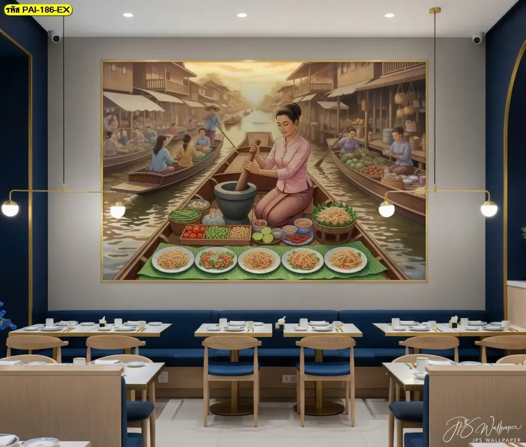 วอลเปเปอร์อาหารอีสานติดผนัง เพิ่มความโดดเด่นให้ร้านอาหารด้วยลวดลายอาหารพื้นบ้าน ผลิตโดย Murallbkk จำหน่ายวอลเปเปอร์ พร้อมช่างติดตั้งวอลเปเปอร์มืออาชีพ