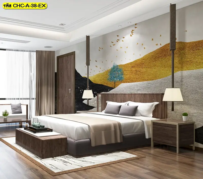 Golden Mountain Wallpaper ดีไซน์ร่วมสมัย เหมาะสำหรับบ้าน คอนโด รีสอร์ท และโรงแรม ผลิตโดย Murallbkk รับผลิตวอลเปเปอร์ พร้อมทีมช่างติดตั้งวอลเปเปอร์มืออาชีพ