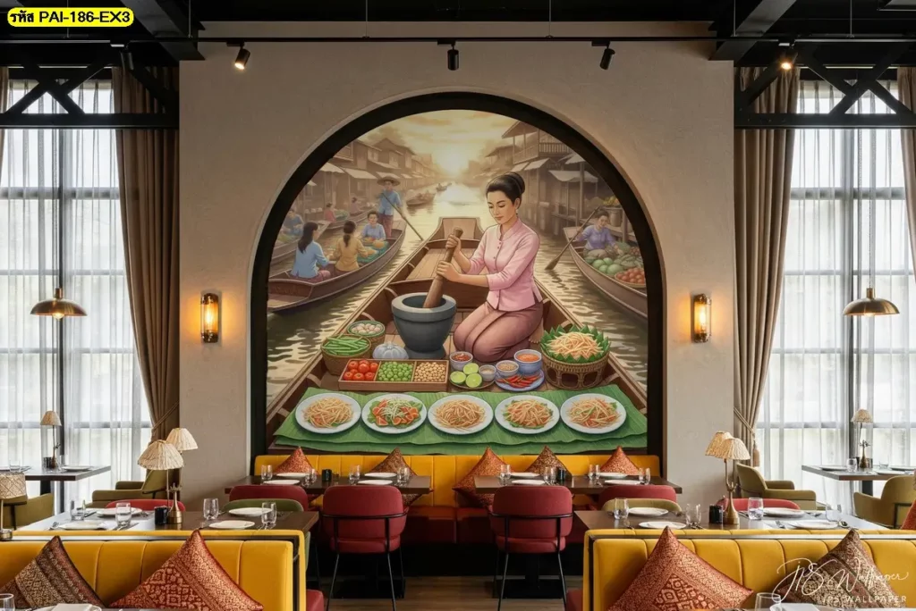วอลเปเปอร์แต่งร้านส้มตำ สื่อถึงเอกลักษณ์อาหารอีสานอย่างลงตัว ผลิตโดย Murallbkk ร้านขายวอลเปเปอร์ พร้อมบริการรับติดตั้งวอลเปเปอร์โดยทีมงานมืออาชีพ