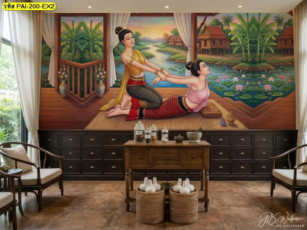 จำหน่ายวอลเปเปอร์ร้านสปาไทย ท่านวดไทยท่านอนคว่ำ ดัดยืดแขน แอ่นหลัง งานประณีตจาก Murallbkk ร้านขายวอลเปเปอร์ที่หลายร้านเลือกใช้