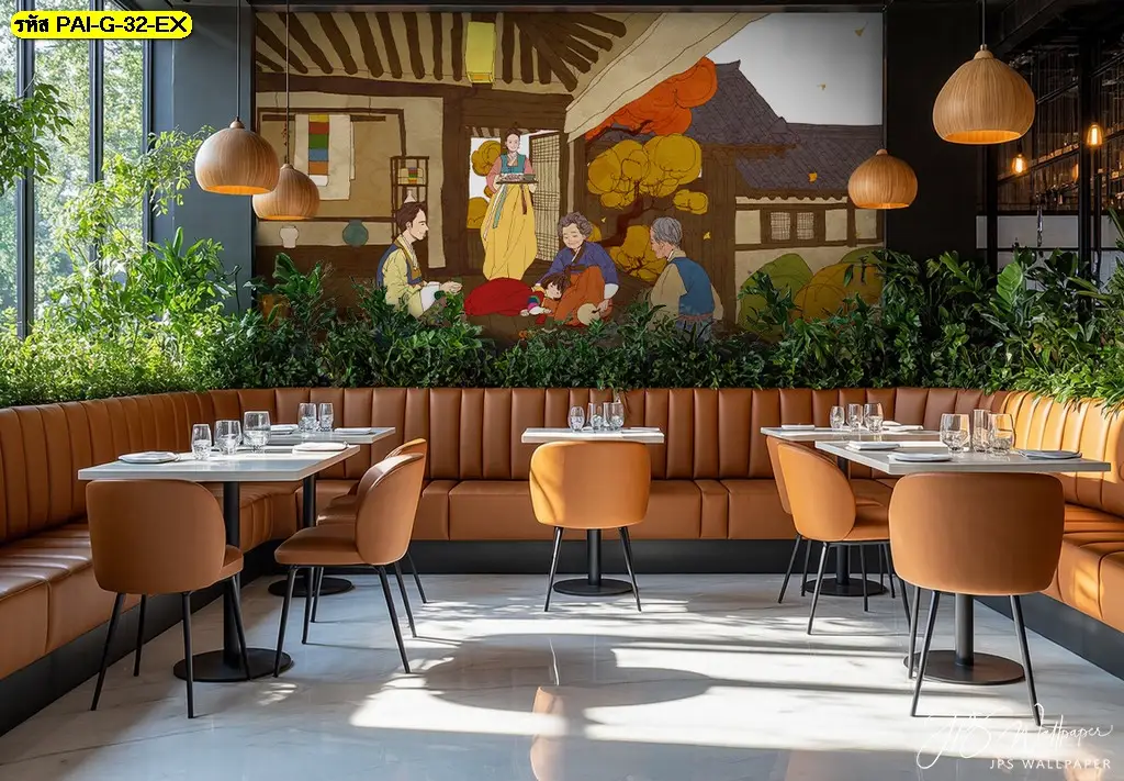 วอลเปเปอร์แต่งคาเฟ่เกาหลี ดีไซน์สไตล์เกาหลีร่วมสมัย เหมาะสำหรับร้านอาหาร คาเฟ่ และร้านของฝาก ผลิตโดย Murallbkk ร้านผลิตวอลเปเปอร์ พร้อมช่างติดตั้งวอลเปเปอร์มืออาชีพ