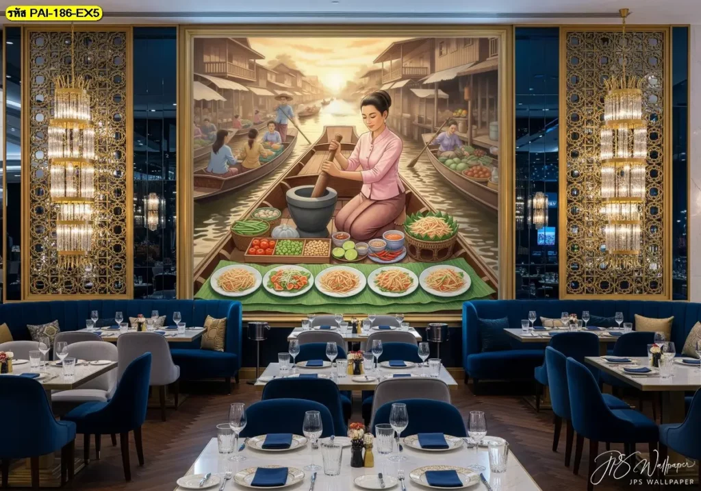 วอลเปเปอร์ลายส้มตำและอาหารอีสาน เหมาะสำหรับร้านเปิดใหม่ ร้านรีโนเวท และร้านอาหารพื้นบ้าน ผลิตโดย Murallbkk ร้านขายวอลเปเปอร์ พร้อมบริการติดตั้งคุณภาพ