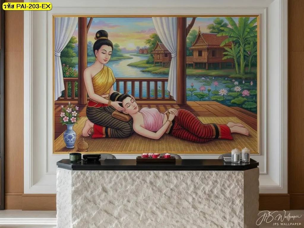 รูปภาพติดผนังร้านนวดไทย ท่าคลายคอและบ่า สั่งผลิตได้ที่ Murallbkk ร้านขายวอลเปเปอร์คุณภาพสูง พร้อมให้บริการทั่วประเทศ