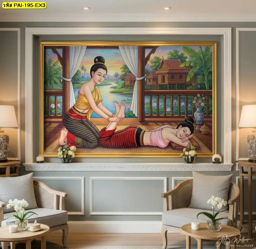 วอลเปเปอร์ภาพนวดไทย ท่านวดไทยท่านอนคว่ำ ดัดยืดขา พิมพ์สวยงาม Murallbkk จำหน่ายวอลเปเปอร์และเป็นร้านขายวอลเปเปอร์ชั้นนำ