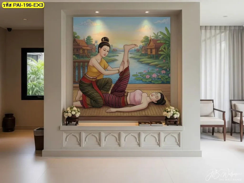 ท่านวดไทยท่านอนหงาย ยืดขาตรง ภาพแต่งร้านนวดแผนไทยที่ติดตั้งเรียบร้อยโดยช่างติดตั้งวอลเปเปอร์มืออาชีพ บริการรับติดตั้งวอลเปเปอร์