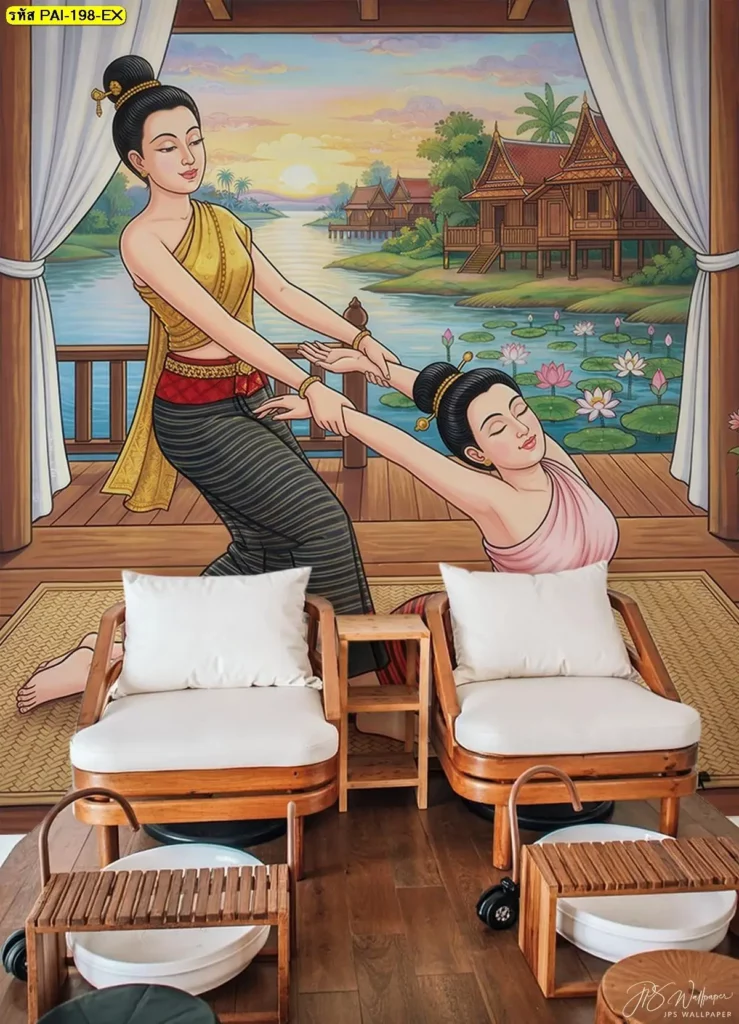 สั่งทำวอลเปเปอร์ร้านสปาไทย ท่านวดไทยท่านอนคว่ำ ดัดยืดแขน แอ่นหลัง กับ Murallbkk รับผลิตวอลเปเปอร์และมีรับติดตั้งวอลเปเปอร์