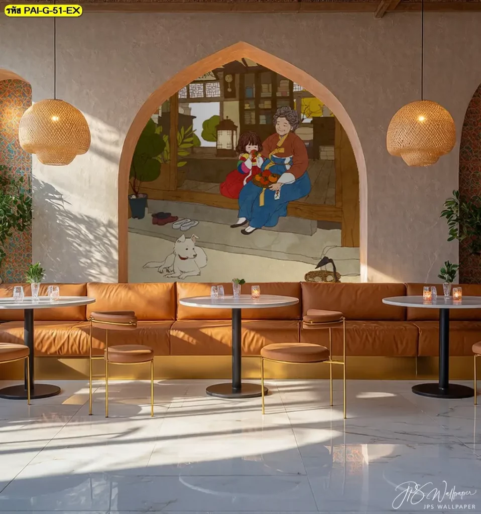 Korean hanbok wall mural ลวดลายศิลปะเกาหลีร่วมสมัย เหมาะสำหรับคาเฟ่ ร้านอาหาร และร้านสไตล์เกาหลี ผลิตโดย Murallbkk ร้านขายวอลเปเปอร์ พร้อมทีมงานมืออาชีพ