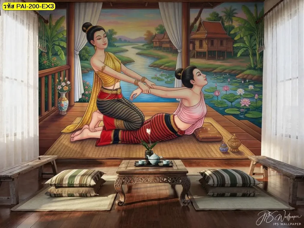 ท่านวดไทยท่านอนคว่ำ ดัดยืดแขน แอ่นหลัง วอลเปเปอร์ร้านสปาไทย สั่งผลิตกับ Murallbkk ร้านขายวอลเปเปอร์ที่เข้าใจธุรกิจสปา