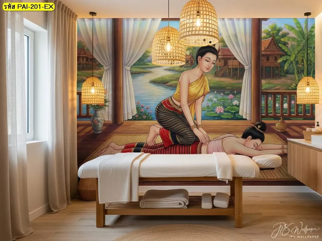 ตกแต่งห้องสปาด้วยวอลเปเปอร์ร้านนวดแผนไทย กดแนวหลังและเอว งานประณีตโดย Murallbkk ร้านผลิตวอลเปเปอร์และขายวอลเปเปอร์