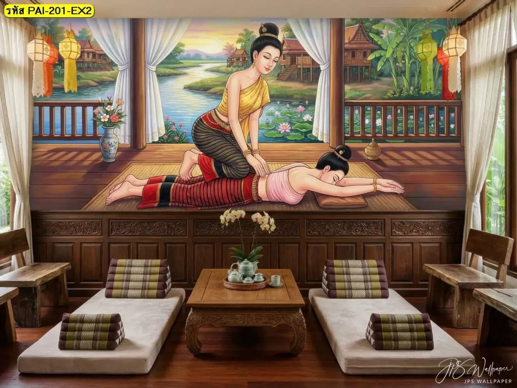 วอลเปเปอร์ร้านนวดแผนไทย ท่าประคบสมุนไพร บริเวณบ่าและไหล่ ติดตั้งโดยช่างติดตั้งวอลเปเปอร์มืออาชีพจากร้าน Murallbkk