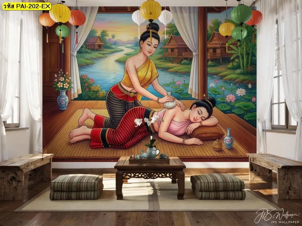 วอลเปเปอร์ร้านนวดแผนไทย ท่านวดไทย ท่านอนคว่ำ กดหลัง ติดผนังร้านให้ดูดี เลือก Murallbkk ร้านผลิตวอลเปเปอร์ที่รับผลิตวอลเปเปอร์