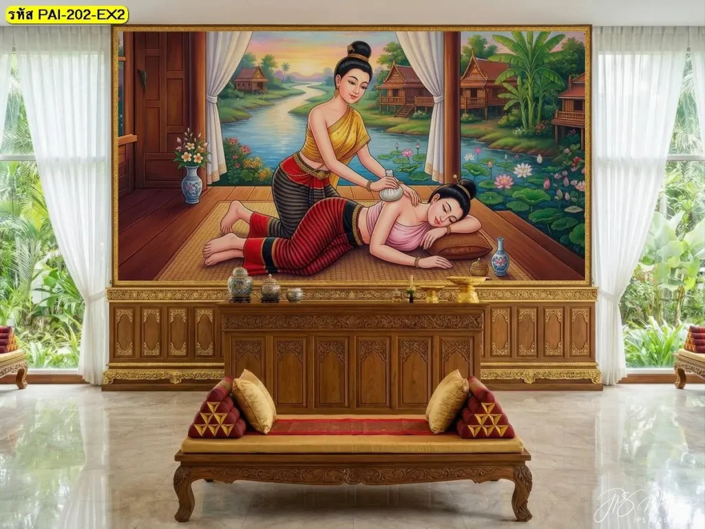 ตกแต่งร้านสปาด้วยภาพท่านวดไทยติดผนัง กดแนวหลังและเอว โดย Murallbkk จำหน่ายวอลเปเปอร์พร้อมรับติดตั้งวอลเปเปอร์ทุกรูปแบบ