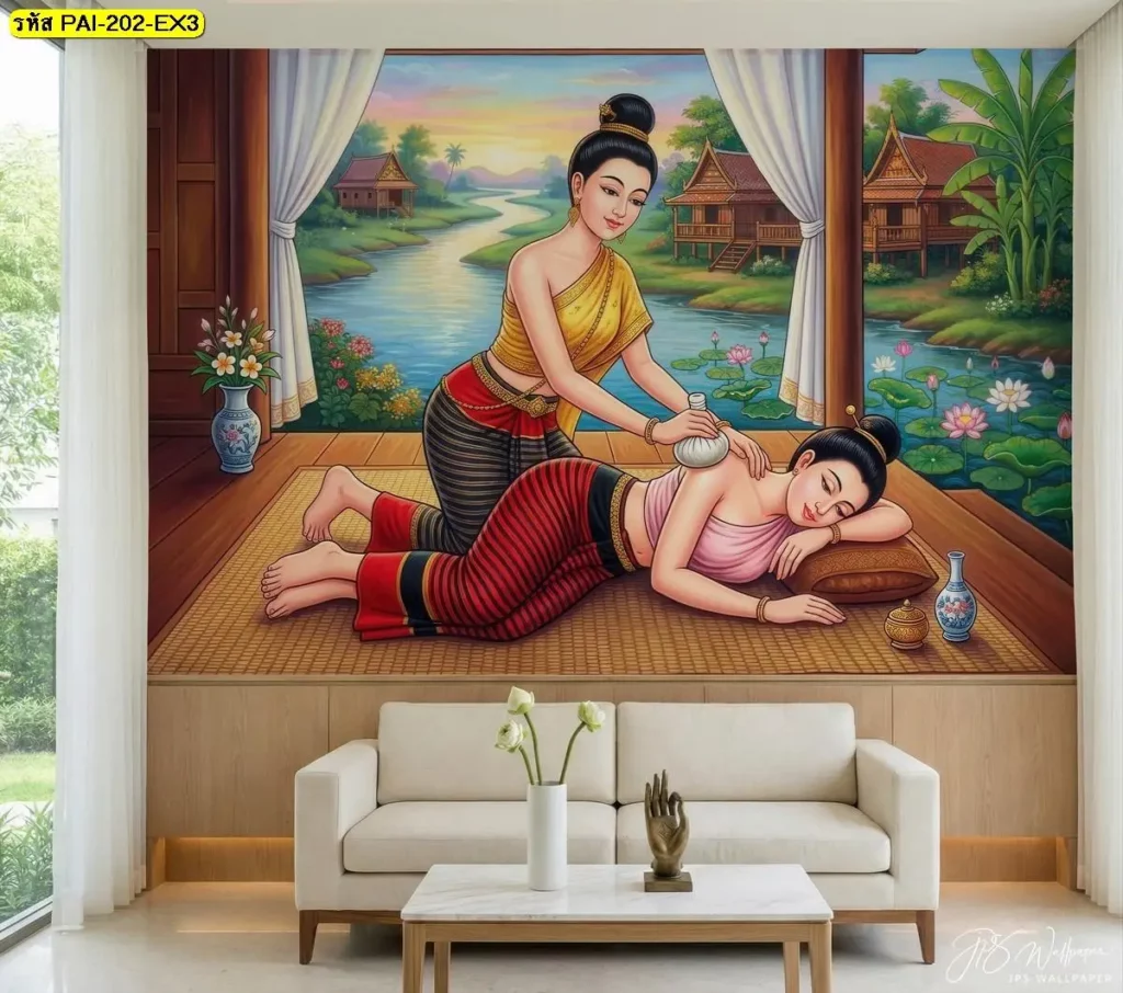 ภาพพื้นหลังนวดไทย ท่านวดไทย ท่านอนคว่ำ กดหลัง พิมพ์ลายสวยงาม Murallbkk รับผลิตวอลเปเปอร์และมีช่างติดตั้งวอลเปเปอร์มืออาชีพ