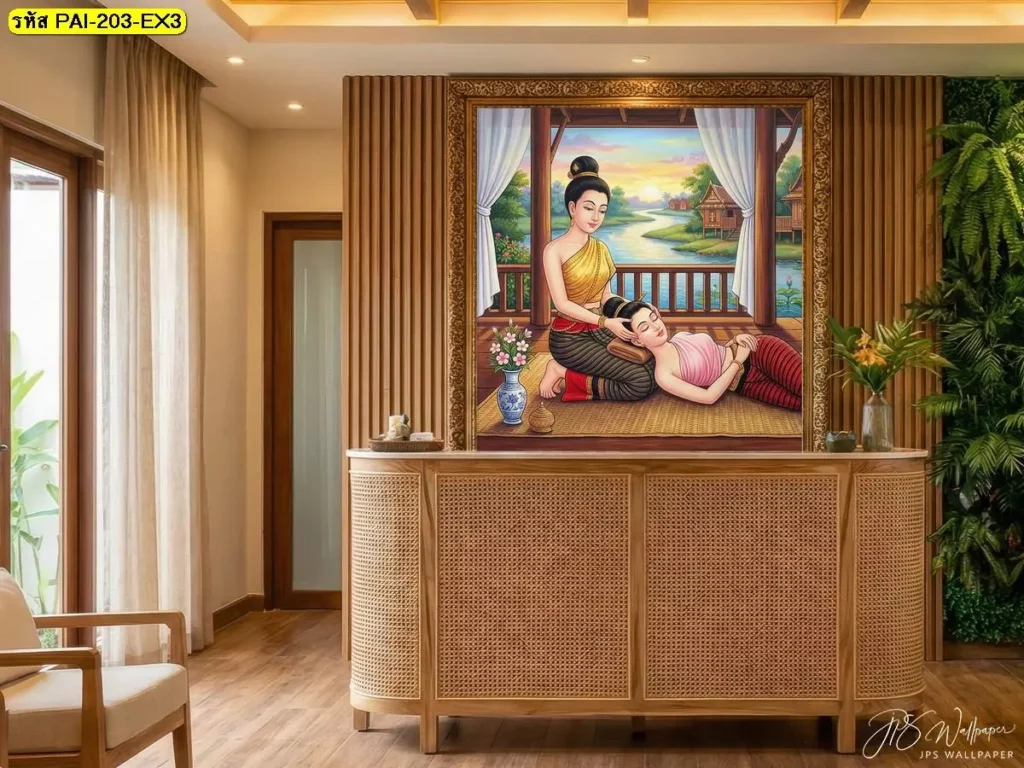 ภาพผนังร้านนวดไทย ท่าคลายคอและบ่า ติดตั้งเรียบร้อยโดยช่างติดตั้งวอลเปเปอร์มืออาชีพจาก Murallbkk รับประกันงานสวยไร้รอยต่อ