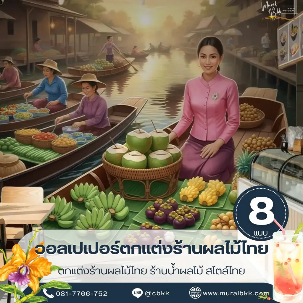 วอลเปเปอร์ร้านผลไม้ไทย ดีไซน์ทันสมัย เหมาะสำหรับร้านผลไม้ ร้านน้ำผลไม้ และร้านน้ำปั่น ผลิตโดย Murallbkk ร้านผลิตวอลเปเปอร์ พร้อมช่างติดตั้งวอลเปเปอร์มืออาชีพ