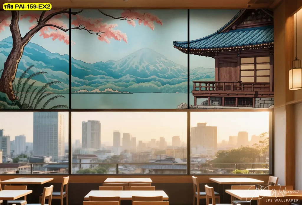 ภาพติดผนังศิลปะทิวทัศน์ญี่ปุ่น เพิ่มความสวยงามให้ร้านอาหารญี่ปุ่นและโรงแรม ผลิตโดย Murallbkk พร้อมช่างติดตั้งวอลเปเปอร์มืออาชีพ