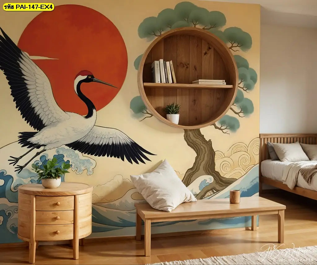 Japanese Crane Wallpaper ภาพพิมพ์คมชัด สีสวยงาม ผลิตตามขนาดจริงโดย Murallbkk ร้านขายวอลเปเปอร์ พร้อมติดตั้งโดยช่างมืออาชีพ