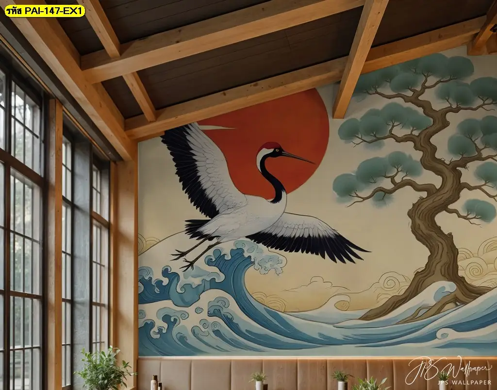 Japanese Crane Wallpaper สำหรับบ้าน คอนโด โรงแรม รีสอร์ท และร้านอาหาร ผลิตและติดตั้งโดย Murallbkk พร้อมช่างติดตั้งวอลเปเปอร์มืออาชีพ