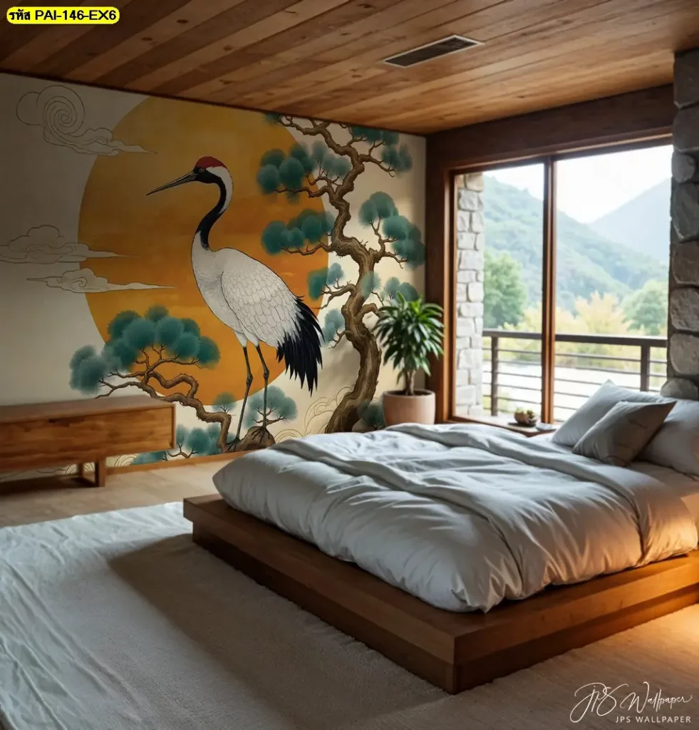 Japanese Crane Wall Mural สำหรับตกแต่งห้องพัก โรงแรม และรีสอร์ท พร้อมบริการจาก ร้านผลิตวอลเปเปอร์ Murallbkk