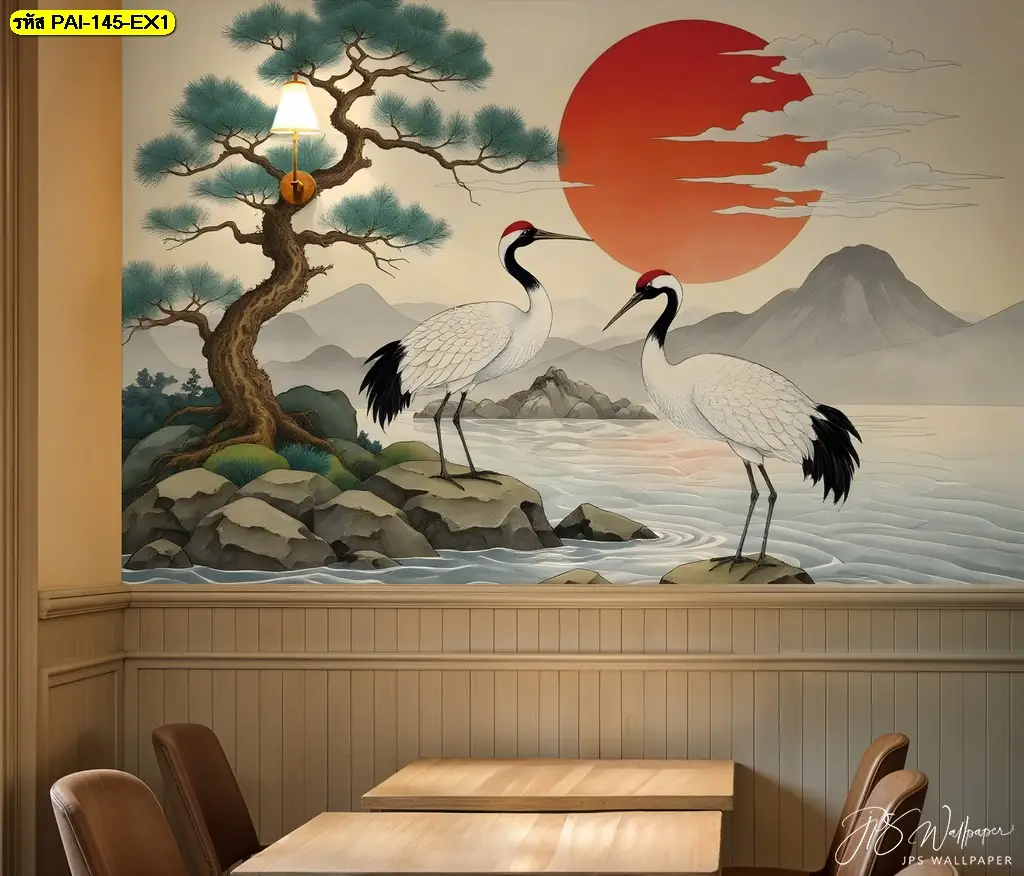 วอลเปเปอร์ติดผนังลายนกกระเรียน เติมความเป็นเอกลักษณ์ให้ร้านอาหารญี่ปุ่นและร้านอาหารจีน ผลิตโดย Murallbkk พร้อมบริการติดตั้ง