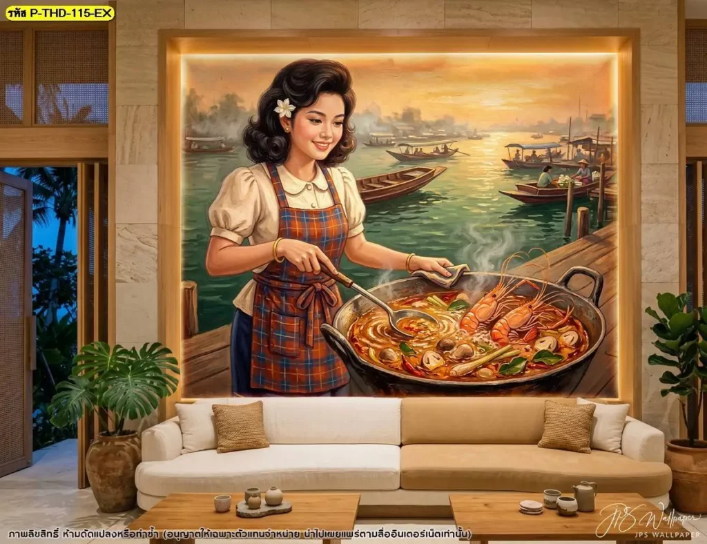 ภาพติดผนังร้านอาหารไทยลายต้มยำกุ้ง พร้อมบริการรับผลิตวอลเปเปอร์ เหมาะสำหรับร้านอาหารและฟู้ดคอร์ทที่ต้องการใช้ภาพเมนูไทยเป็นองค์ประกอบบนผนัง
