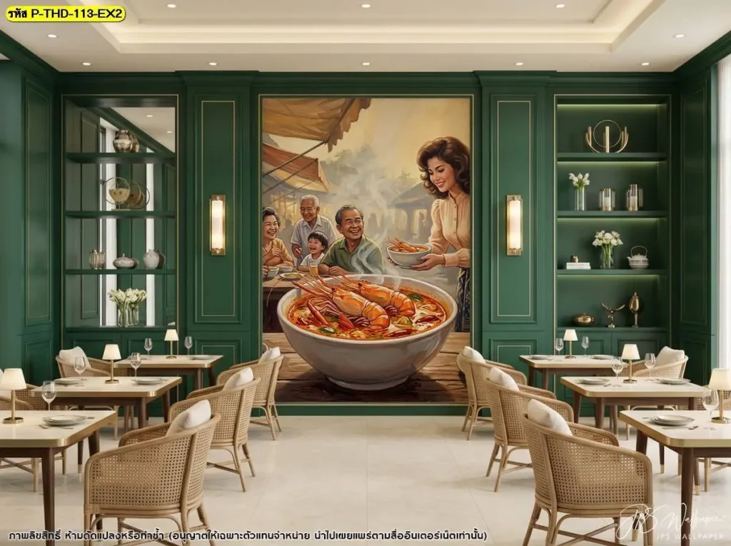 วอลเปเปอร์ภาพวาดอาหารไทยสำหรับร้านอาหารที่มีต้มยำกุ้งเป็นเมนูเด่น เลือกขนาดให้เหมาะกับพื้นที่ได้จากร้านผลิตวอลเปเปอร์ Murallbkk