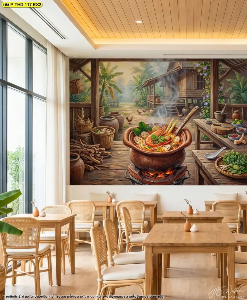 ภาพติดผนังวิถีอาหารไทยลายต้มยำกุ้ง เหมาะสำหรับตกแต่งร้านอาหารและห้องอาหาร โดย Murallbkk ร้านจำหน่ายวอลเปเปอร์พร้อมบริการผลิตงานสำหรับผนังแต่ละพื้นที่