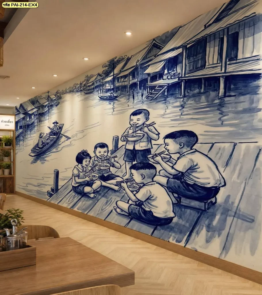 รูปภาพติดผนังวิถีชีวิตไทยโทนสีคราม ถ่ายทอดบ้านเรือนและบรรยากาศชุมชนริมน้ำ เหมาะกับร้านอาหารไทย โดย Murallbkk รับผลิตและจำหน่ายวอลเปเปอร์สำหรับตกแต่งผนัง