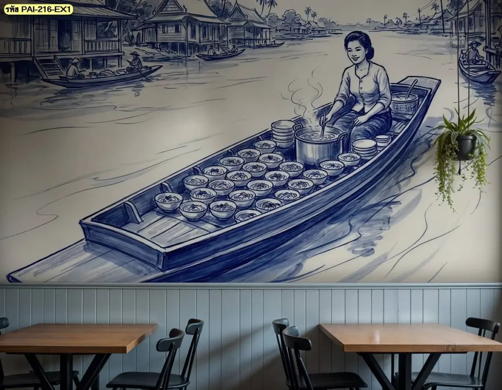Blue Traditional Thai Wall Art ภาพศิลปะวิถีไทยโทนสีครามสำหรับตกแต่งผนังร้านอาหาร โดยมีบริการรับติดตั้งวอลเปเปอร์ให้เหมาะกับพื้นที่ใช้งาน