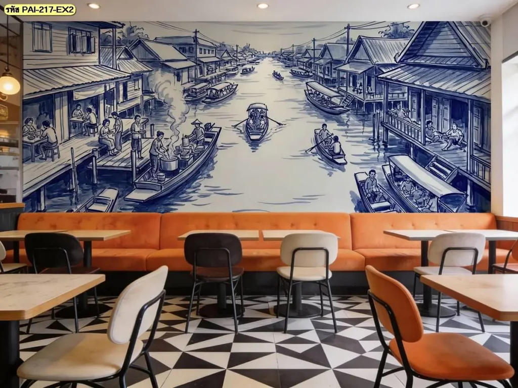 วอลเปเปอร์ภาพวาดวิถีชาวบ้านริมคลอง แสดงบ้านเรือนและบรรยากาศตลาดน้ำไทย เหมาะสำหรับงานตกแต่งจากร้านขายวอลเปเปอร์ที่มีบริการผลิตตามขนาด