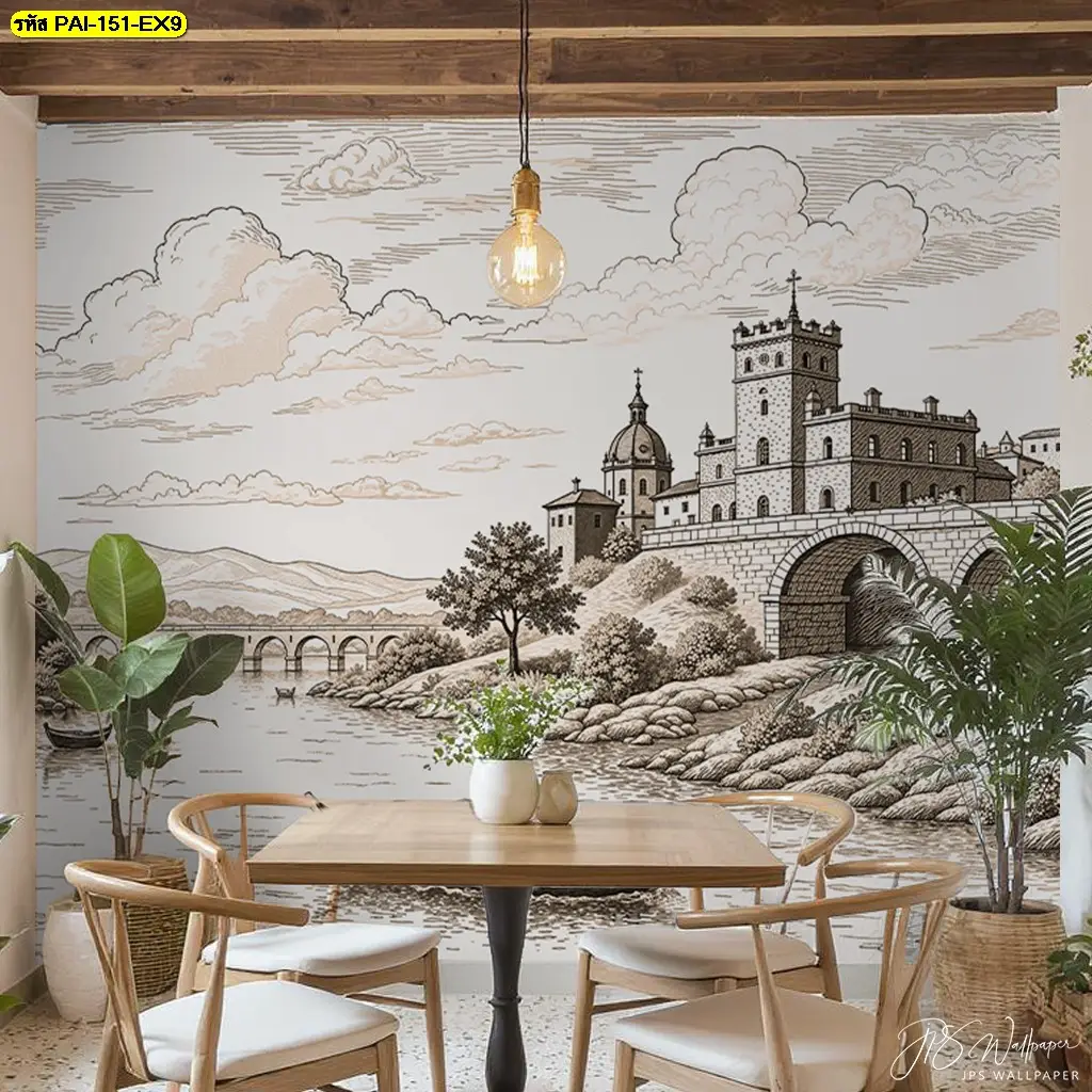 ภาพวาดติดผนังลายทิวทัศน์เมืองสำหรับร้านอาหารและโรงแรม พร้อมบริการจำหน่ายวอลเปเปอร์ เหมาะกับผนังหลังโต๊ะอาหารและพื้นที่ต้อนรับ
