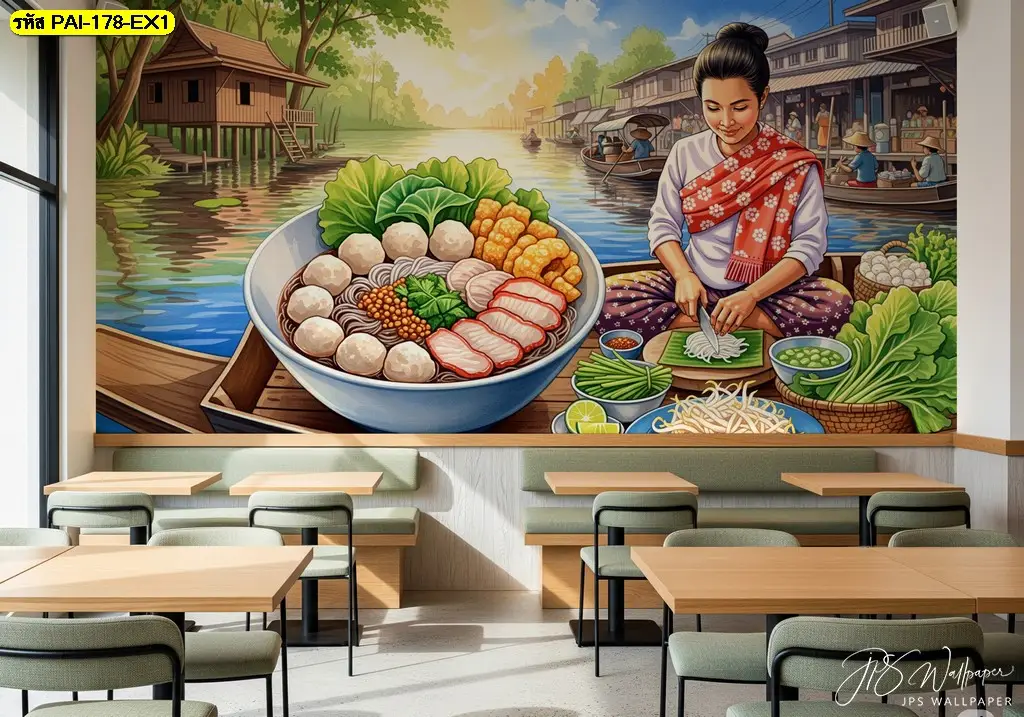 ภาพติดผนังร้านก๋วยเตี๋ยว ลายแม่ค้ากำลังเตรียมอาหาร เหมาะสำหรับตกแต่งร้านด้วย รูปภาพติดผนังร้านก๋วยเตี๋ยว ให้เข้ากับบรรยากาศร้าน