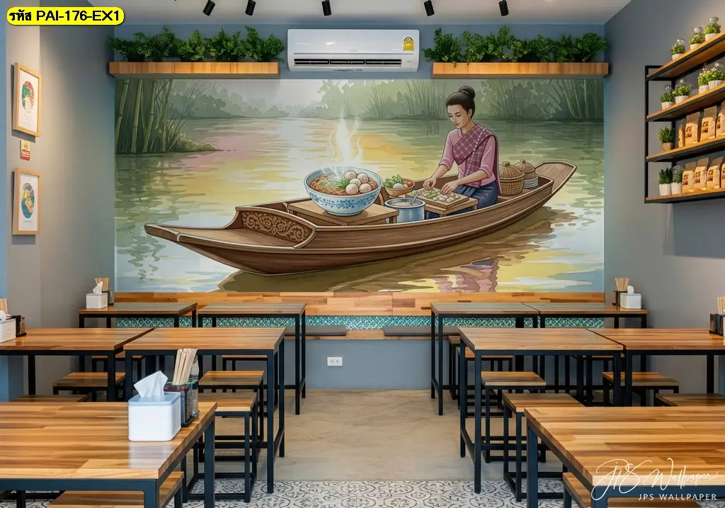 วอลเปเปอร์ติดผนังร้านก๋วยเตี๋ยว ภาพแม่ค้าขายอาหารสำหรับตกแต่งร้าน เหมาะสำหรับใช้เป็น ภาพติดผนังแม่ค้าก๋วยเตี๋ยว ตามขนาดพื้นที่จริง