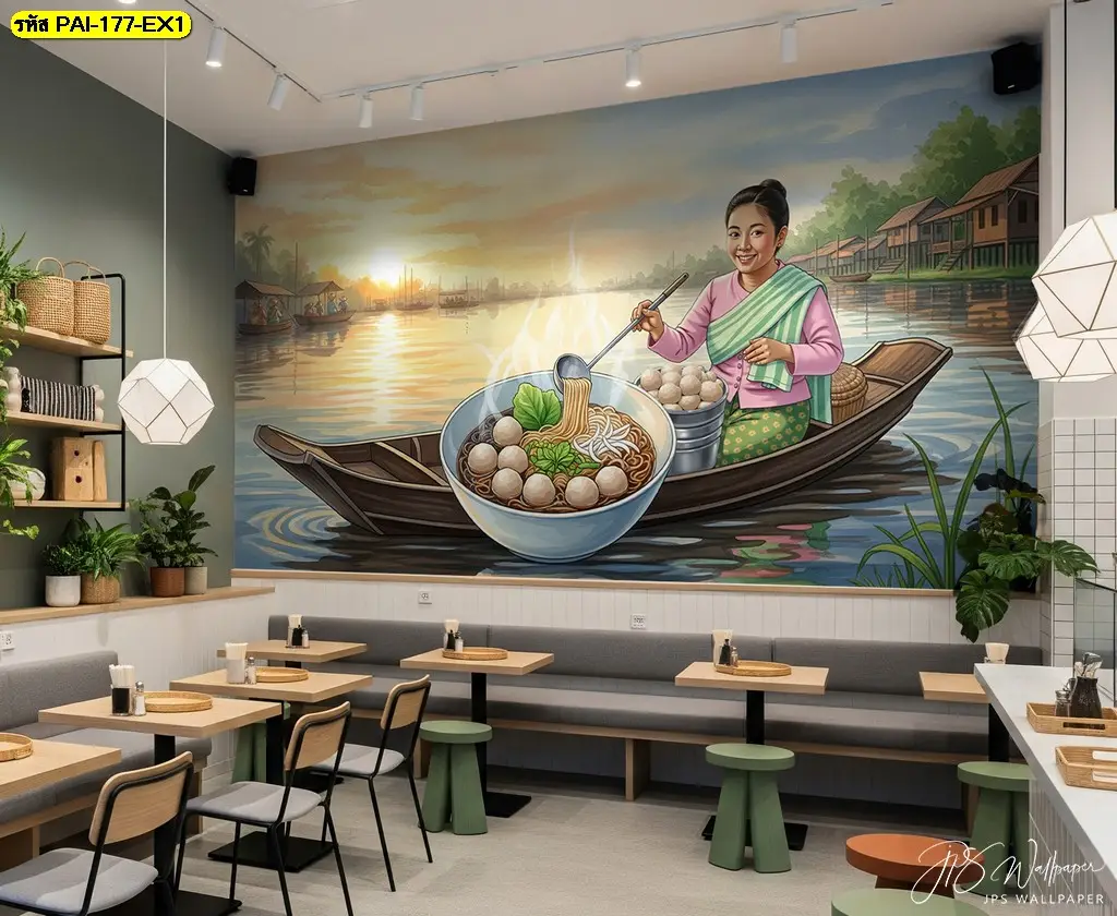 ภาพติดผนังร้านก๋วยเตี๋ยว ลายแม่ค้าขายอาหารสำหรับสร้างบรรยากาศ เหมาะกับการใช้เป็น วอลเปเปอร์ภาพวาดก๋วยเตี๋ยว บริเวณผนังหลักของร้าน