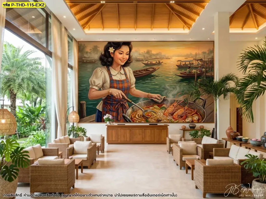 รูปภาพลายต้มยำกุ้งสำหรับผนังร้านอาหาร จากร้านผลิตวอลเปเปอร์ เหมาะกับพื้นที่ที่ต้องการเพิ่มรายละเอียดด้วยภาพอาหารไทยและจัดองค์ประกอบให้เข้ากับร้าน