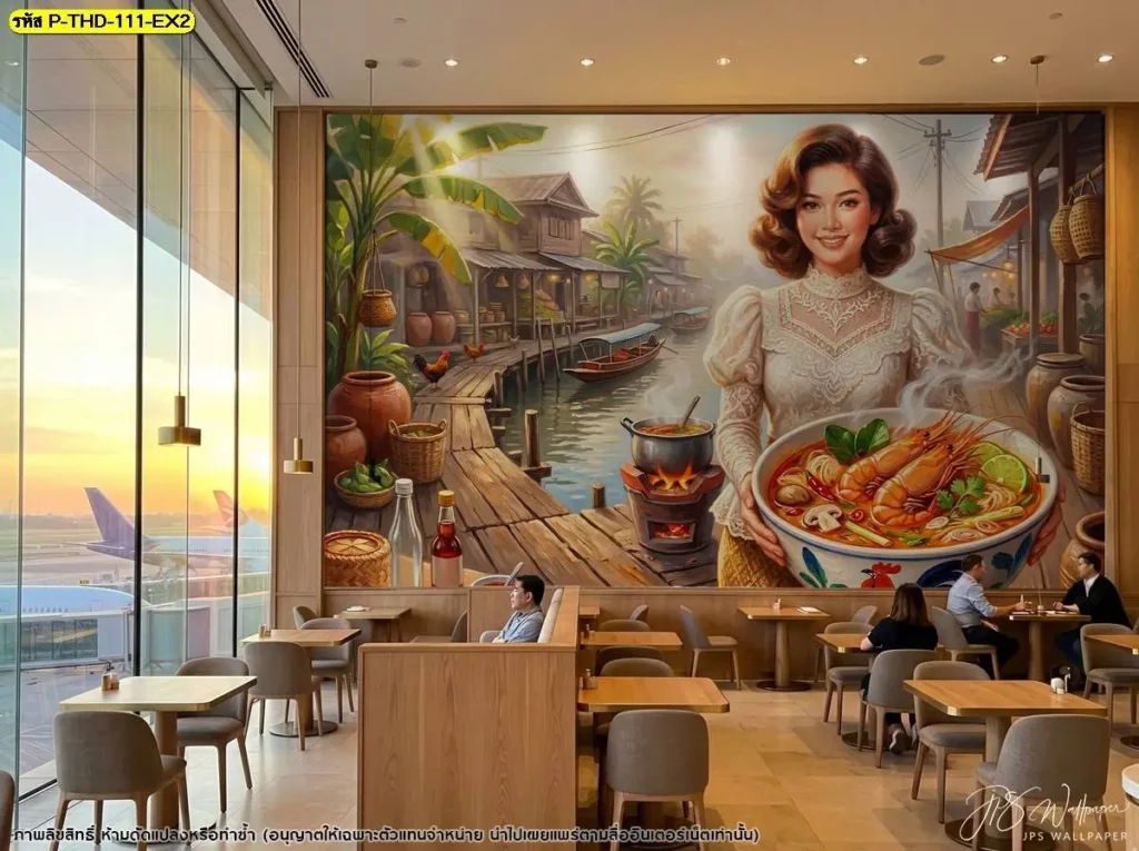 วอลเปเปอร์ศิลปะอาหารไทยสำหรับตกแต่งผนังร้านอาหาร ถ่ายทอดบรรยากาศเมนูไทย โดยร้านผลิตวอลเปเปอร์ Murallbkk เตรียมงานตามพื้นที่ใช้งาน