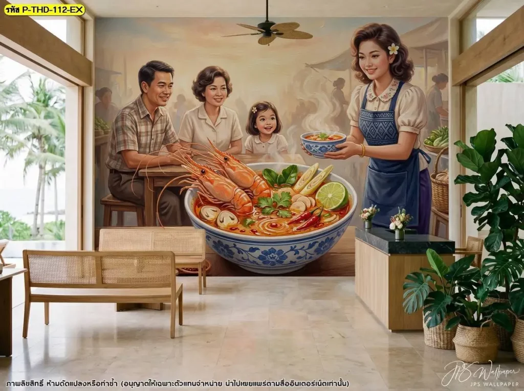 Thai Tom Yum Food Wall Art สำหรับตกแต่งผนังร้านอาหารไทยด้วยภาพอาหารและกุ้งต้มยำ พร้อมบริการรับติดตั้งวอลเปเปอร์จาก Murallbkk