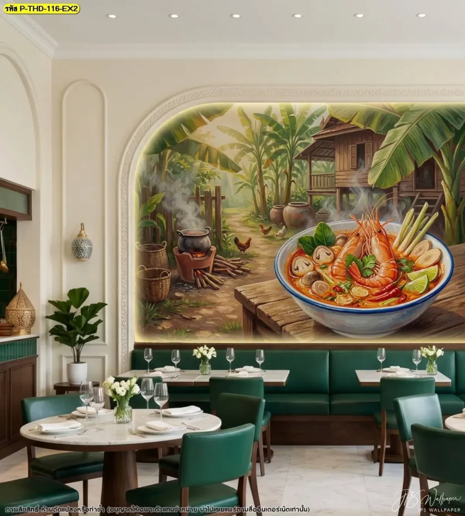 Tom Yum Goong Wall Decor ภาพตกแต่งผนังสำหรับร้านอาหารไทย เหมาะกับบริเวณหลังเคาน์เตอร์และผนังหลัก พร้อมบริการรับติดตั้งวอลเปเปอร์ Murallbkk