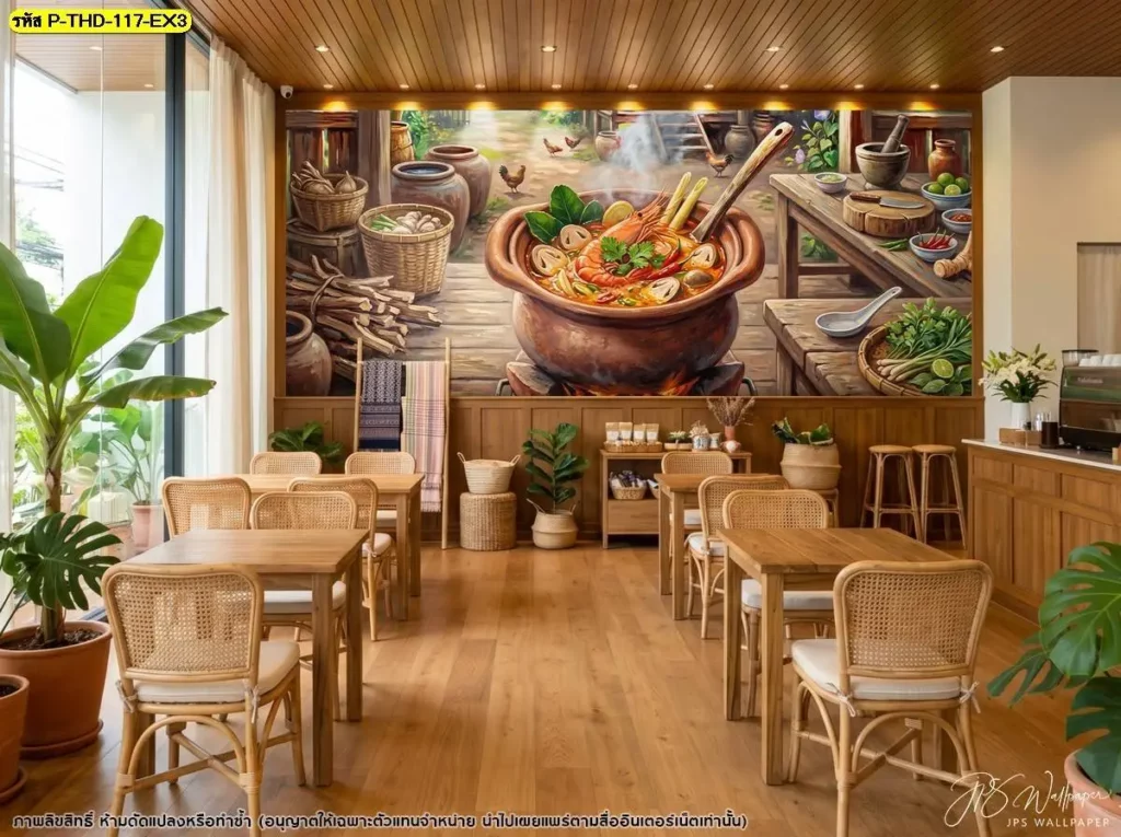 วอลเปเปอร์กุ้งแม่น้ำต้มยำสำหรับตกแต่งผนังร้านอาหาร ถ่ายทอดบรรยากาศอาหารไทยอย่างเป็นธรรมชาติ โดย Murallbkk ร้านผลิตวอลเปเปอร์ดูแลการผลิตตามพื้นที่จริง