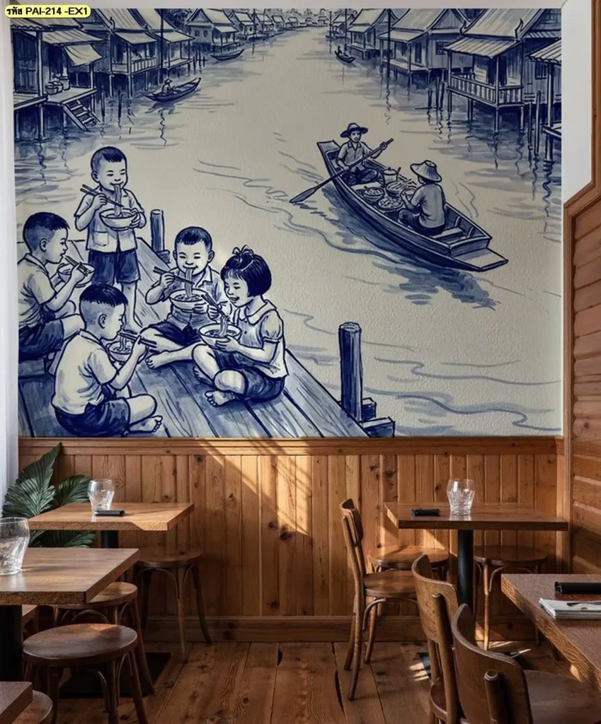 Traditional Thai Restaurant Wall Decor ถ่ายทอดบรรยากาศไทยผ่านภาพลายเส้นสีคราม เหมาะสำหรับร้านอาหารไทยต้นตำรับ โดย Murallbkk รับติดตั้งวอลเปเปอร์สำหรับงานตกแต่งผนัง
