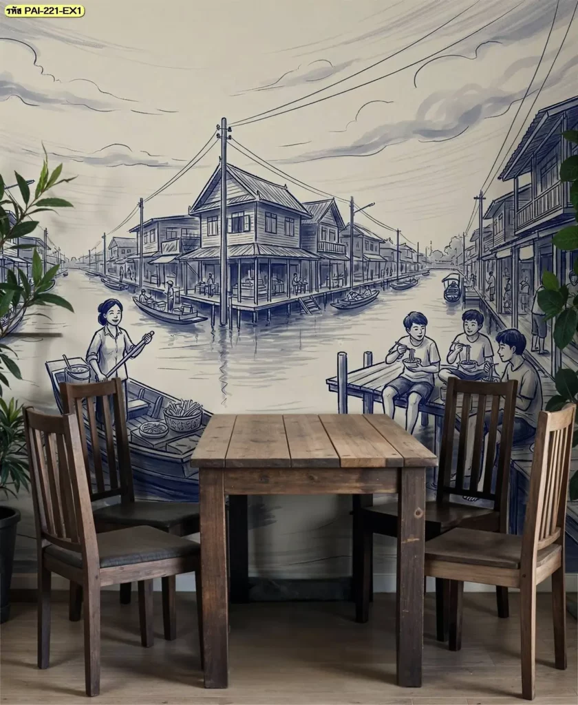วอลเปเปอร์ภาพวาดตลาดน้ำโทนสีครามสำหรับผนังร้านอาหาร ถ่ายทอดบรรยากาศวิถีไทยแบบดั้งเดิม พร้อมบริการรับผลิตวอลเปเปอร์จาก Murallbkk