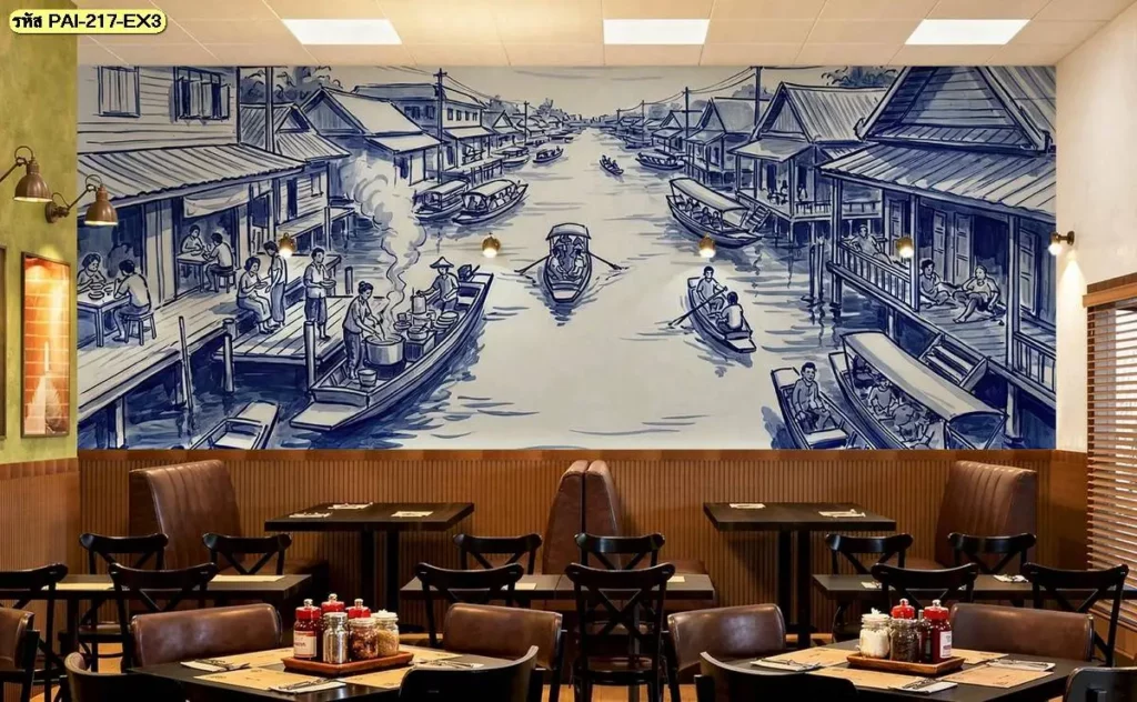 วอลเปเปอร์ภาพวาดวิถีชาวบ้านริมคลองในบรรยากาศไทยดั้งเดิม เหมาะสำหรับร้านอาหารไทยโบราณ โดยรับผลิตวอลเปเปอร์พร้อมปรับขนาดตามพื้นที่
