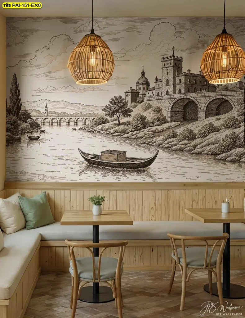 วอลเปเปอร์ติดผนังภาพวาดเมืองสำหรับร้านอาหารและคาเฟ่ โดยรับติดตั้งวอลเปเปอร์ตามขนาดและตำแหน่งจริง เหมาะกับผนังที่ต้องการภาพขนาดใหญ่