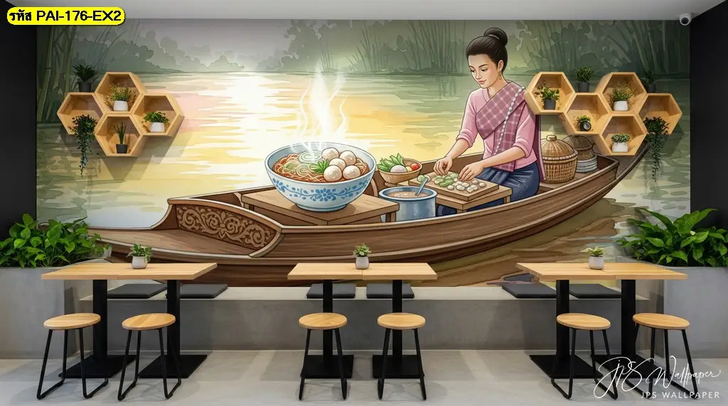 ภาพติดผนังร้านก๋วยเตี๋ยว ลายแม่ค้าขายก๋วยเตี๋ยวสำหรับสร้างบรรยากาศร้านอาหาร เหมาะกับการใช้เป็น วอลเปเปอร์ตกแต่งผนังร้านก๋วยเตี๋ยว