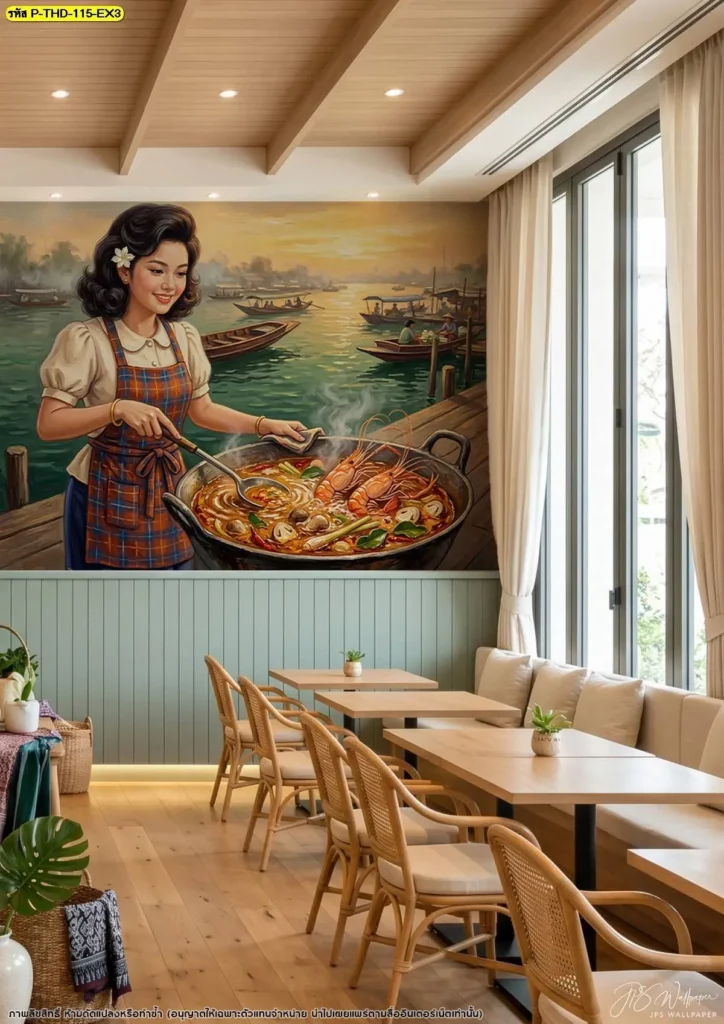 Tom Yum Goong Wall Art สำหรับร้านอาหารไทย พร้อมบริการรับติดตั้งวอลเปเปอร์ เหมาะกับผนังขนาดใหญ่ที่ต้องการภาพต้มยำกุ้งเป็นองค์ประกอบหลัก