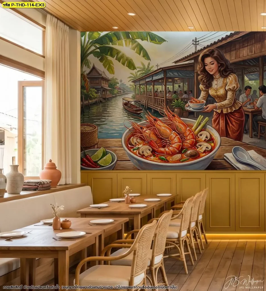 วอลเปเปอร์ศิลปะกุ้งต้มยำแบบไทย สำหรับตกแต่งผนังร้านอาหารที่ต้องการนำเสนอเอกลักษณ์อาหารไทย พร้อมบริการจำหน่ายวอลเปเปอร์จาก Murallbkk