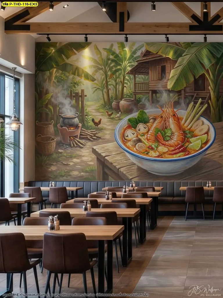 วอลเปเปอร์กุ้งและสมุนไพรไทยสำหรับร้านอาหารที่ต้องการตกแต่งผนังด้วยเรื่องราวของวัตถุดิบ พร้อมบริการจำหน่ายวอลเปเปอร์จาก Murallbkk